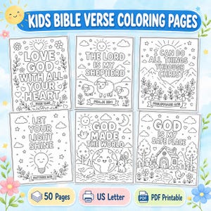 Può includere: Una raccolta di pagine da colorare con versetti biblici per bambini. Ogni pagina presenta un versetto biblico diverso con illustrazioni, tra cui pecore, una casa e una lampadina. Le pagine sono progettate per essere colorate e sono disponibili come PDF stampabile.