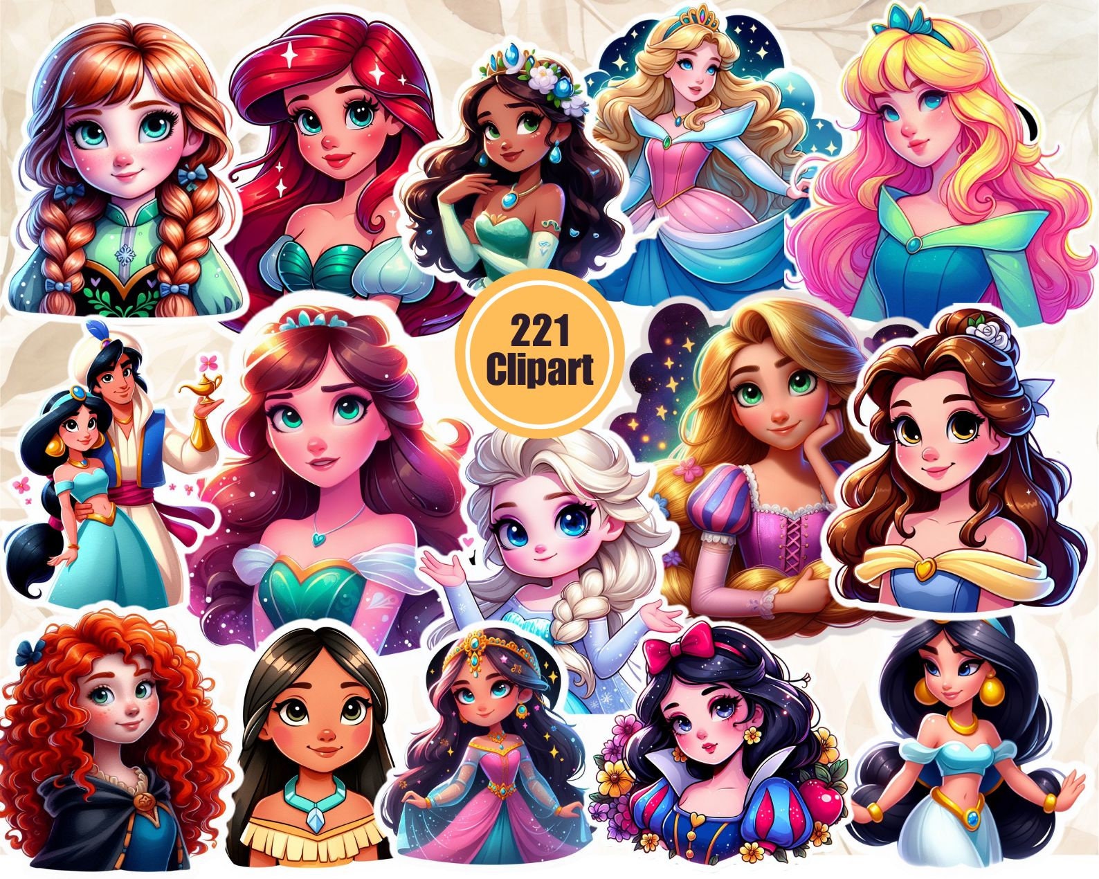 Princess Doll Clipart PNG Bundle - Snow White, Jasmine, Mulan, Moana, Merida, Aurora, Cinderella - Digital Stickers for Sublimation & Crafts
