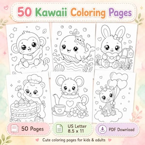 May include: A collection of six coloring pages featuring adorable Kawaii-style illustrations of animals, including a monkey, whale, bunny, bear, mouse, and giraffe. The pages are labeled "50 Kawaii Coloring Pages" and are US Letter size, 8.5 x 11 inches. The text "Cute coloring pages for kids & adults" is also present.
