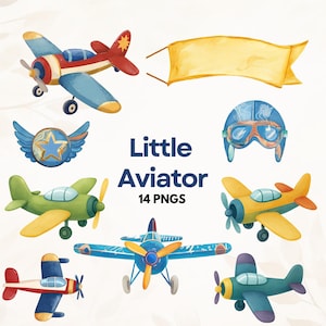 Vliegtuigen aquarel clipart voor jongens kamer decor, Little Aviator kinderkamer kunst aan de muur, kinderen afdrukbare reizen png, baby boy kamer decor set