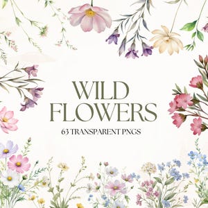 Clipart de acuarela de flores silvestres de pradera: arreglos florales botánicos, flores rústicas elegantes para manualidades y diseño