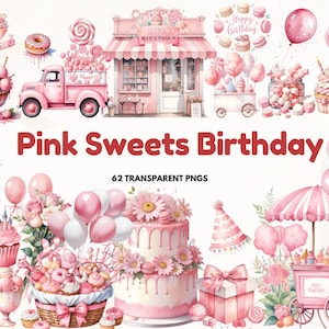 62 Rosa Süßigkeiten Geburtstag Clipart PNG Bundle mit Zahlen, Eis, Süßigkeiten, Cupcake, Macaron Cliparts für Party Dekoration, Einladungsdruck