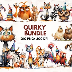 Quirky Animals, PNGs Clipart Bundle, Safari Animal Graphics for Birthday Crafts, Silly illustrations, Perfect Gift for Kids&#39; Parties