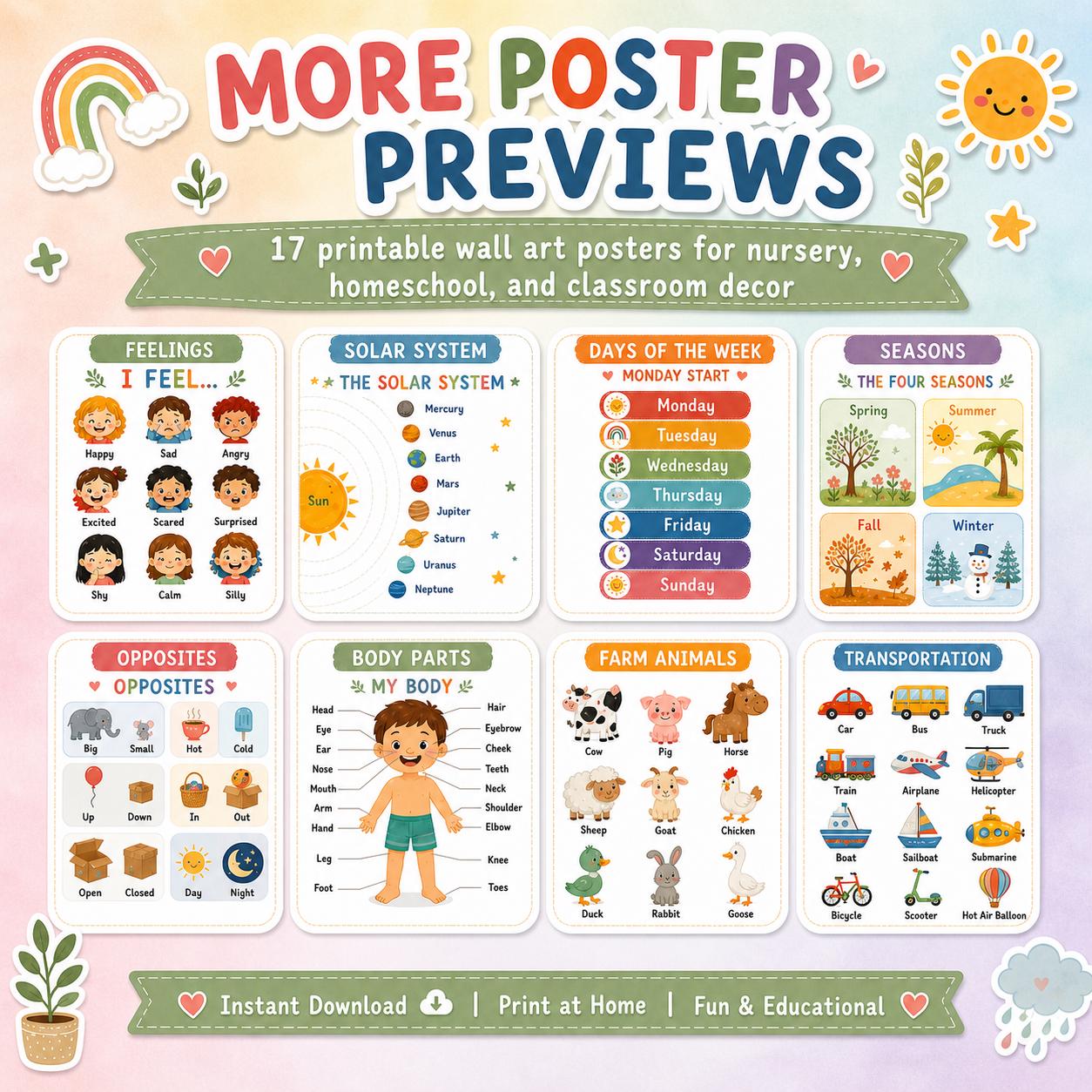 17 Educational Posters for Kids, Printable Wall Art Bundle (digital