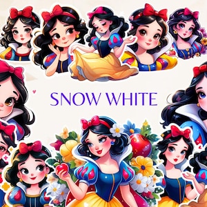 Schneewittchen PNG Clipart, bezaubernde Märchenillustrationen, perfekt zum Basteln und für digitale Projekte, ideal für die Dekoration von Kinderpartys