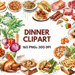 Obrazy posiłków w formacie PNG, Clipart kolacji, 165 akwarelowych grafik menu w formacie PNG, Przezroczyste tło, Grafiki do druku w planerze, Wykorzystanie komercyjne