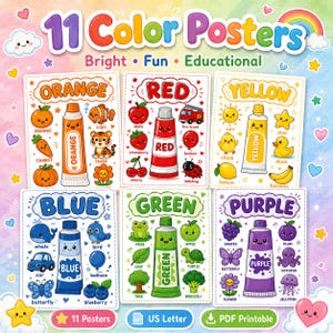 Poster sui colori per la decorazione dell'aula / 11 poster sui colori dei pastelli / Colori per la scuola materna stampabili / Decorazioni murali per l'asilo e l'homeschooling in formato PDF