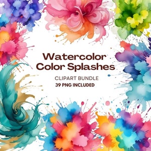 Éclaboussures de peinture PNG abstrait Clipart, 39 cliparts pastel aquarelle alcool encre Splash, éclaboussures de couleur colorée, usage Commercial téléchargement immédiat