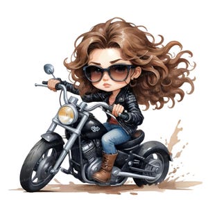Chibi Frau auf Motorrad PNGs - Afro-Amerikanische Biker Girl Clipart & HipHop Charakter - Black Girl Chibi Art zum Basteln, digitale Downloads