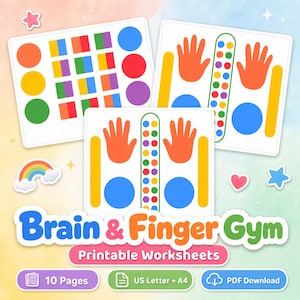 May include: Printable worksheets for a brain and finger gym. The image shows three white cards with colorful shapes, hand outlines, and a rainbow. The text "Brain & Finger Gym" is in blue and orange.