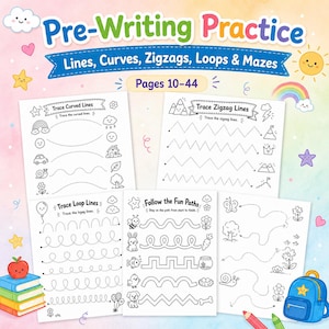 May include: A colorful educational worksheet set for pre-writing practice. The pages feature lines, curves, zigzags, loops, and mazes. The title reads "Pre-Writing Practice" with the text "Lines, Curves, Zigzags, Loops & Mazes" and "Pages 10-44".