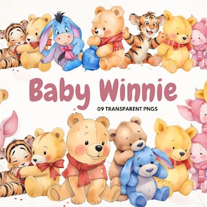 Clipart di Baby Winnie The Pooh, divertenti file PNG con disegni di Eeyore, Pimpi e Tigro per decorazioni per la cameretta dei bambini o regali per baby shower