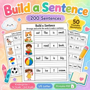 Puede incluir: Hoja de trabajo educativa colorida titulada "Build a Sentence" con el texto "200 Oraciones" y "50 Hojas de trabajo imprimibles". La hoja de trabajo presenta ilustraciones de un gato, un niño leyendo, una pelota, una niña con helado y otros objetos. Incluye "Kindergarten".