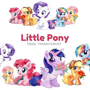 Little Pony PNG - Cute Set of Popular Ponies Holding Flowers - My Little Pony Sublimation Digital Cartoon Character SVG & Printable Cut File
