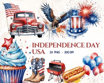 Watercolor 4th of July Independence Day USA America Clipart Bundle - 24 Transparent Background PNG Graphics - Digital Download