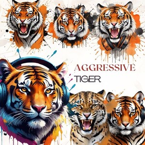 Aquarel tijger, png | Tijger clipartbundel 10 hoge kwaliteit png's | Agressieve boze tijger | Opspringende tijger | Direct downloaden |