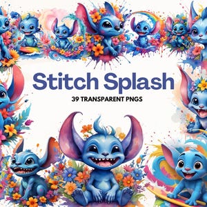 39 Stitch Splash Watercolor Clipart - Transparent PNGs, 300 DPI, High-Resolution,  Sublimation Stitch, Commercial Use, Instant Download,