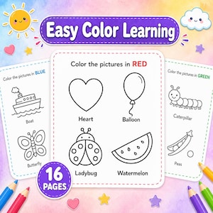 Könnte beinhalten: Ein Lernspielset für Kinder mit dem Text "Easy Color Learning". Das Set enthält Malvorlagen mit Umrissen eines Bootes, Schmetterlings, Herzens, Ballons, Marienkäfers, Wassermelone, Raupe und Erbsen. Das Set hat 16 Seiten und enthält Buntstifte.