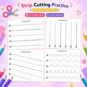 May include: A colorful educational worksheet for preschool kids with the text "Strip Cutting Practice". The worksheet includes various cutting exercises with dotted lines and scissors, along with the text "Cut along the lines".