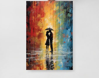 Couple Under Umbrella Abstract Painting, Love Couple in the Rain Art, Couple Rain Canvas, Oil Painting, Romantic Gifts for Him Her Partner