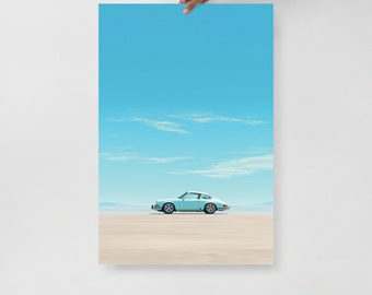 Blue 1969 Porsche 911 Art Print, Classic Car Print, Vintage Car Poster, Car Beach Art, Retro Coastal Art, Supercar Poster, Porsche Painting