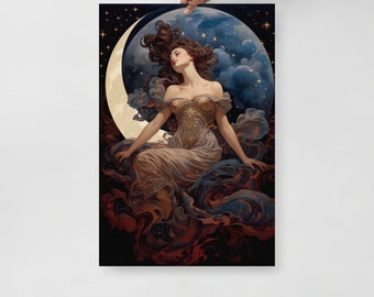 Celestial Girl Art Print, Moon Stars Celestial Art Print, Fantasy Girl Art Print, Crescent Moon Art, Celestial Home Decor, Celestial Goddess