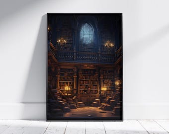 Library Art Print, Vintage Library Poster, Book Lover Art, Library Painting, Book Art, Dark Academia Art, Literature, Library Wall Art, Gift