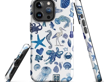 Lichtblauwe collage iPhone-hoesje, zeedieren telefoonhoesje, iPhone 11 Pro Max, iPhone 13 14 15 Pro Max Case, Ocean iPhone 15 Case, Case Gift