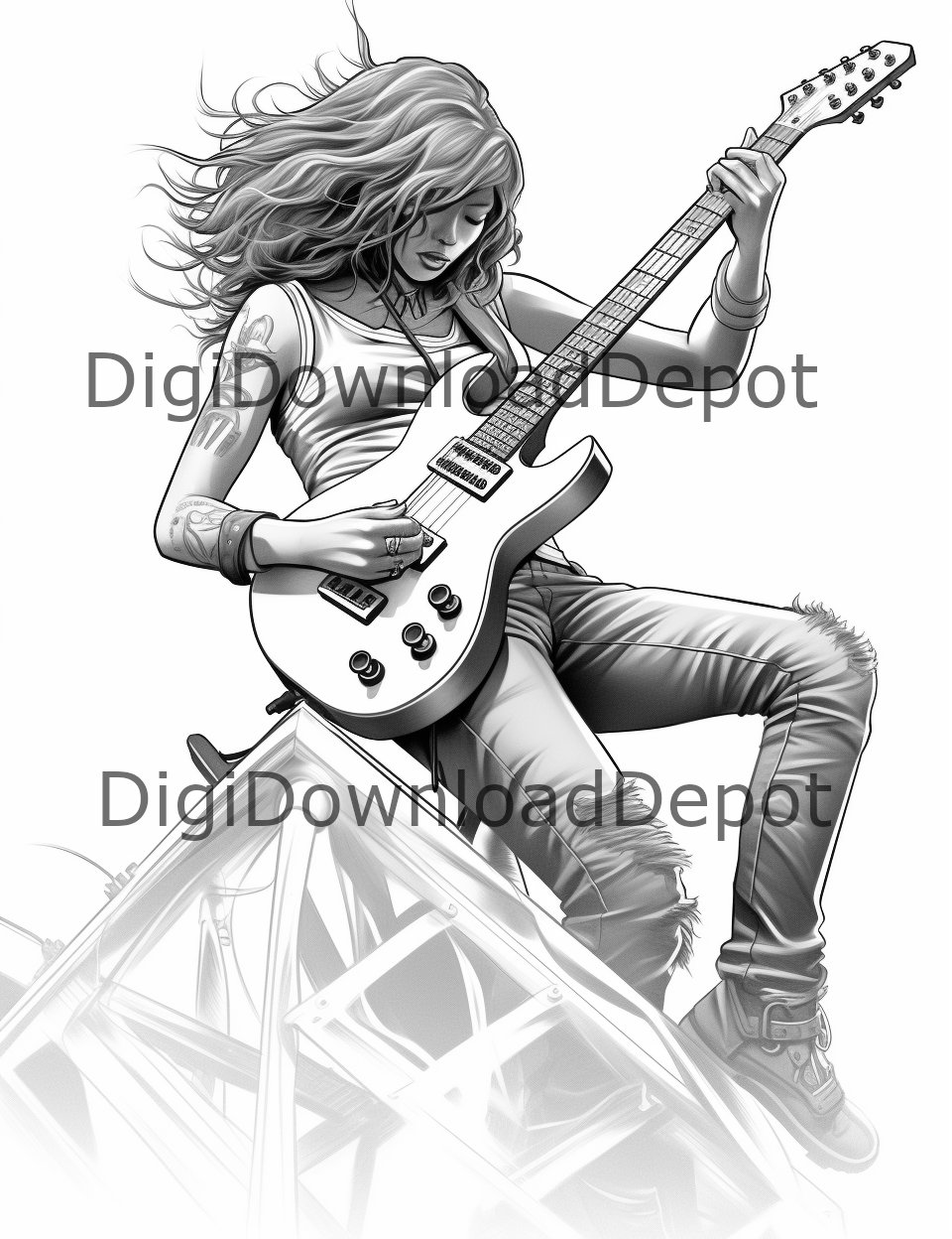 Girls and Guitars Coloring Pages, Women and Guitars, Coloring Book - Etsy