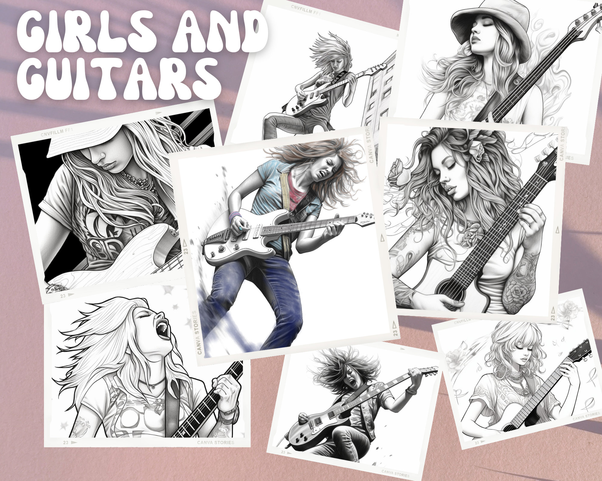 Girls and Guitars Coloring Pages, Women and Guitars, Coloring Book - Etsy