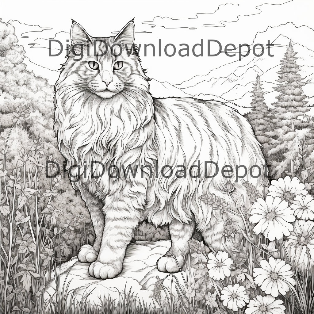 Cat Coloring Page, Maine Coon Cat, Tabby Cat, Adult Coloring Page ...