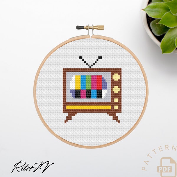 Retro vintage television cross stitch pattern PDF - colour tv embroidery, vintage classic instant download pdf mini modern cross stitch