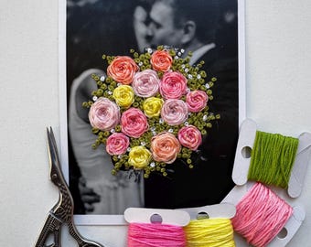 Custom Embroidered Wedding Bouquet Portrait – Hand-Stitched Bridal Keepsake from Your Photo