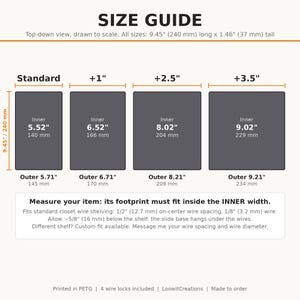 Pu&ograve; includere: Una tabella guida alle taglie per accessori per scaffali in filo metallico, che mostra quattro opzioni rettangolari etichettate come Standard, +1", +2.5" e +3.5". Elenca le dimensioni interne ed esterne in pollici e millimetri, con istruzioni per misurare l'ingombro dell'oggetto.
