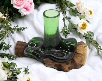 Recycled beer bottles - mini flower vase on wood