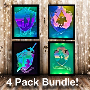 May include: Four framed light-up prints featuring different scenes from the Legend of Zelda video game series. The prints are in a 4-pack bundle.