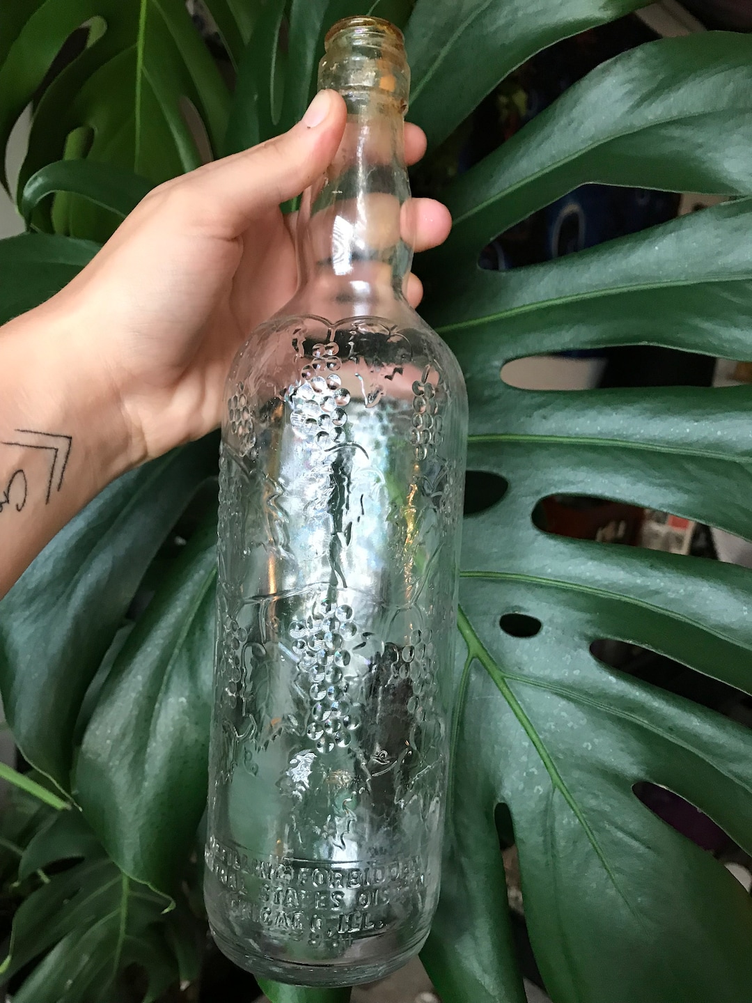 Vintage Clear Glass Embossed Wine Bottle Etsy