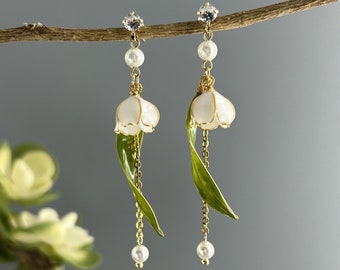 Lily of the Valley Flower Dangle Earrings, Handmade Nature Fairy Wire Wrapped Resin Jewelry, Cute Kawaii Floral Drop Earrings, Gift for Her