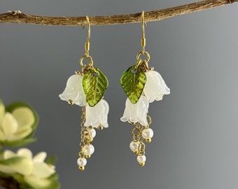 Lily of The Valley Floral Dangle Earrings, Nature Fairy Handmade Resin Earrings, Cute Kawaii Jewelry, Bell Orchid Wedding Gift for Her