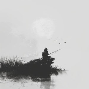 May include: A black and white image of a person fishing from a rocky shore. The person is wearing a hat and is sitting on a rock. There are birds flying in the sky.