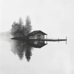May include: A black and white illustration of a small wooden cabin on a small island with a dock extending out into the water. The cabin has a single door and a small window. The island is surrounded by trees. The water is calm and reflective.