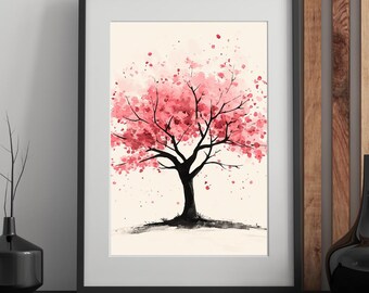 水彩画と桜の木のスケッチ | ミニマリストな植物の壁アート | デジタル