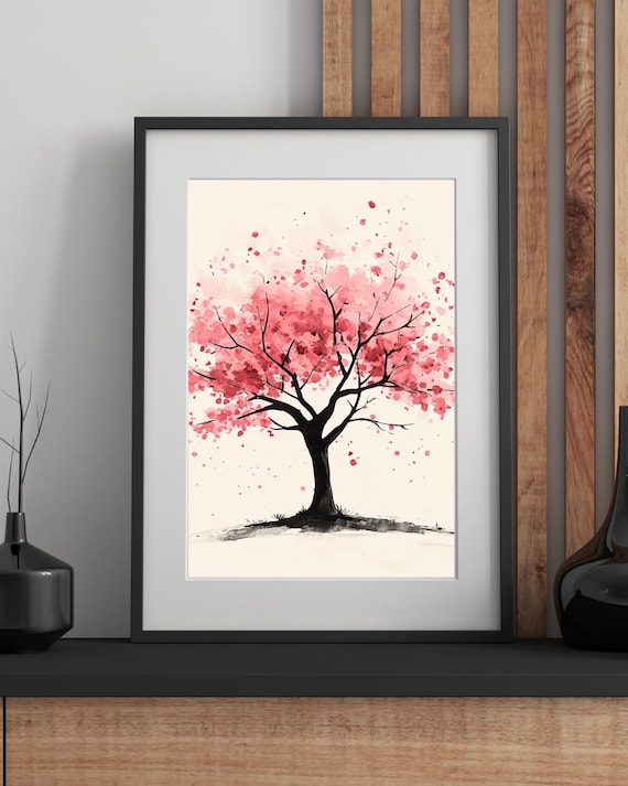 水彩画と桜の木のスケッチ | ミニマリストな植物の壁アート | デジタル