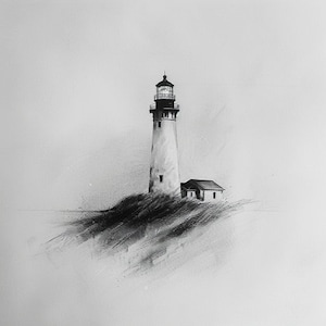 Puede incluir: Un dibujo a lápiz en blanco y negro de un faro en un acantilado rocoso. El faro es alto y delgado con una torre blanca y un techo negro. El dibujo está hecho en un estilo realista y captura la belleza del faro.