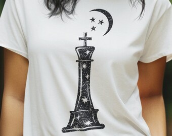 Celestial King Shirt, King Night Sky Moon Stars Shirt, Vintage Chess Tee, Distressed Graphic T-shirt, Bohemian Style Trendy Boho Design