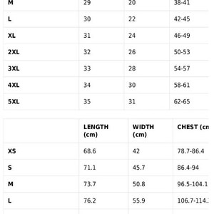May include: Size guide for clothing with measurements in inches and centimeters. The chart shows the length, width, and chest measurements for sizes XS to 5XL.