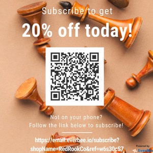 May include: A brown and white QR code with the text "Subscribe to get 20% off today!" above it. Below the QR code is the text "Not on your phone? Follow the link below to subscribe!" and a URL: "https://email.everbee.io/subscribe?shopName=RedRookCo&ref=w6s30cS7". The text "Powered by Everbee" is in the lower right corner of the image.