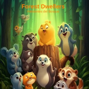Puede incluir: Un grupo de animales de dibujos animados, incluyendo un koala, un mapache, un panda, una ardilla y un zorro, están reunidos alrededor de un tocón de árbol. Todos los animales sonríen y miran al espectador. El título "Forest Dwellers" está escrito en naranja en la parte superior de la imagen, con el subtítulo "Habitantes del Bosque" en letras naranjas más pequeñas debajo. El texto "Vol 1" está escrito en naranja en la parte inferior derecha de la imagen.