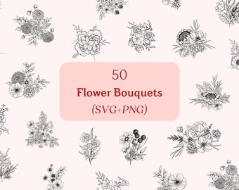 May include: An image featuring 50 black and white floral bouquet illustrations. The bouquets are of various styles, including roses, peonies, and mixed floral arrangements. Text on a pink background reads "50 Flower Bouquets (SVG+PNG)".
