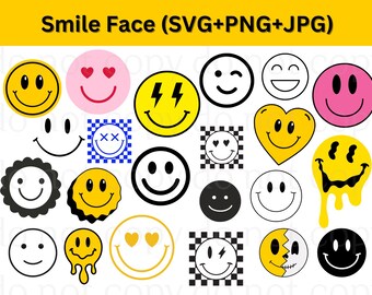Smiley Gesicht SVG Bundle - 20+ Groovy, Drippy, Kariert, Glücklich & Emoji Gesicht SVG PNG Designs für Hoodie, Handwerk, Cricut | Sofort Download